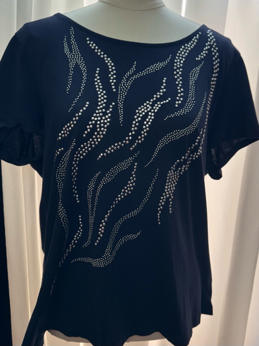 Womens Navy Short-Sleeve Tee with Silver Stud Wave Detail